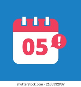 Kalender flach Symbol, Terminkalender geplant am Tag 05. Vektorsymbol.
