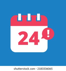 Kalender flach Symbol, Terminkalender geplant am 24. Tag. Vektorsymbol.