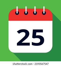 Calendar flat icon colored in red and green, vector illustration of appointment schedule scheduled on day 25.