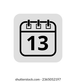 Icono plano del calendario en trazo hueco en color negro, ilustración vectorial del calendario con marcado día específico, día 13.