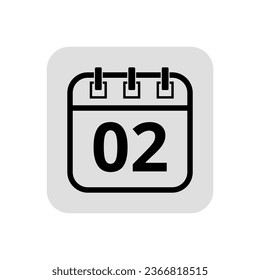 Calendar flat icon in hollow stroke in black color, vector illustration of calendar with specific day marked, day 02.