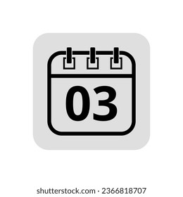 Calendar flat icon in hollow stroke in black color, vector illustration of calendar with specific day marked, day 03.