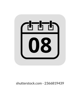 Calendar flat icon in hollow stroke in black color, vector illustration of calendar with specific day marked, day 08.