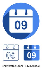 Calendar flat icon set. Blue, line art, long shadow effect. 