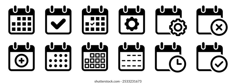 Conjunto de ícones simples do calendário. Prazo final, notificação de calendário, organizador do lembrete. Contendo ícones de data, agendamento, mês, semana, compromisso, agenda, organização e evento. Ilustração vetorial.