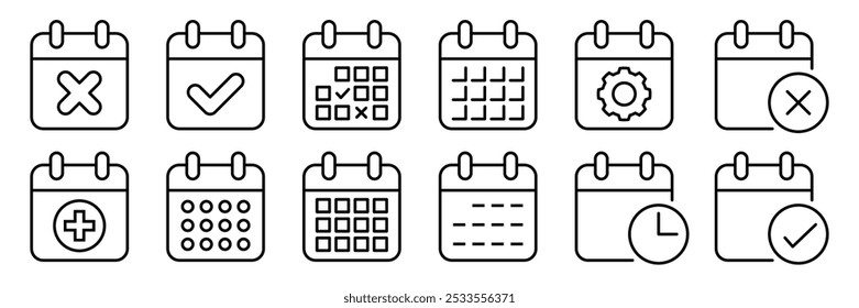 Calendar flat icon set. Deadline, calendar notification, reminder organizer. Containing date, schedule, month, week, appointment, agenda, organization, and event icons. Vector illustration.