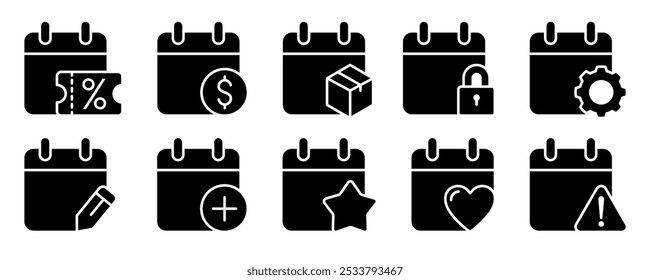 Calendar flat icon set. Deadline, calendar notification, reminder organizer. Containing date, schedule, month, week, appointment, agenda, organization, and event icons. Vector illustration.