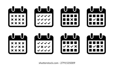 Calendar flat icon set. Deadline, calendar notification, reminder organizer, date, schedule, month, week, appointment, agenda, organization, event icons. check mark, tick icon. Vector illustration