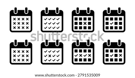 Calendar flat icon set. Deadline, calendar notification, reminder organizer, date, schedule, month, week, appointment, agenda, organization, event icons. check mark, tick icon. Vector illustration