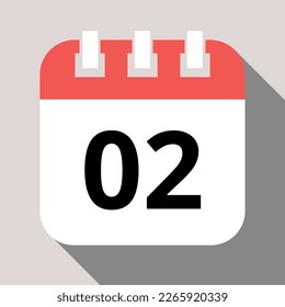 Calendar flat icon with vector shadow, agenda with important day marking day 02.