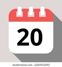 Calendar flat icon with vector shadow, agenda with important day marking day 20