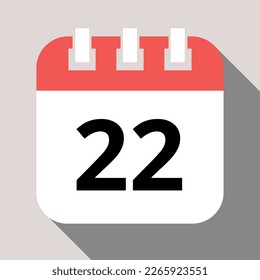 Calendar flat icon with vector shadow, agenda with important day marking day 22.