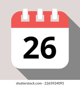 Calendar flat icon with vector shadow, agenda with important day marking day 26.