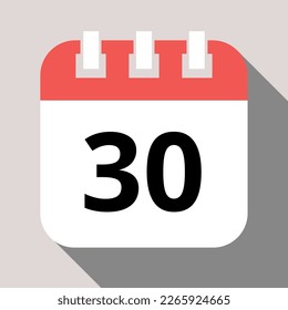 Calendar flat icon with vector shadow, agenda with important day marking day 30.