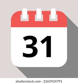 Calendar flat icon with vector shadow, agenda with important day marking day 31.