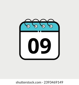 Icono plano del calendario para sitios web, blogs y recursos gráficos. Ilustración vectorial del calendario con el día específico marcado, día 09.