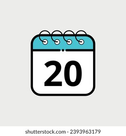 Icono plano del calendario para sitios web, blogs y recursos gráficos. Ilustración vectorial del calendario con el día específico marcado, día 20.