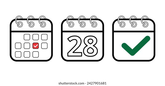 Calendar flat icons in different models, vector illustration of calendar icon with specific day marked, day 28. Design for websites, blogs and graphic resources.