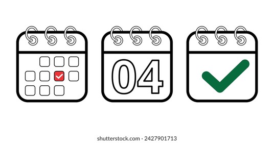 Iconos planos del calendario en diferentes modelos, ilustración vectorial del icono del calendario con el día específico marcado, día 04. Diseño para sitios web, blogs y recursos gráficos.