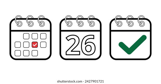 Kalenderflachsymbole in verschiedenen Modellen, Vektorgrafik des Kalendersymbols mit einem bestimmten markierten Tag, Tag 26. Design für Websites, Blogs und grafische Ressourcen.