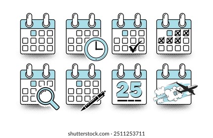 Ícones simples de calendário definidos. Prazo final, notificação de calendário, organizador de agendamento de lembrete, ícones de viagem e eventos. Vetor em estilo de desenho animado sobre fundo transparente