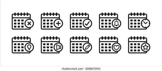 Calendar flat line icon collection. Calendar schedule vector icons set. Time management symbol. Dateline sign. Appointment and event meeting scheduling button.