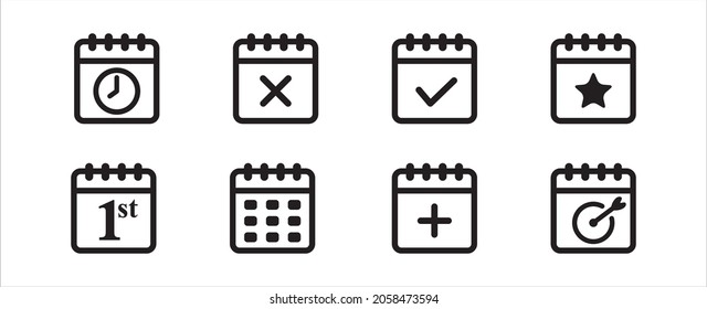 Colección de iconos de línea plana del calendario. Conjunto de iconos vectoriales de programación de calendarios. Símbolo de administración de tiempo. Signo de línea de datos. botón de programación de citas y reuniones de eventos.