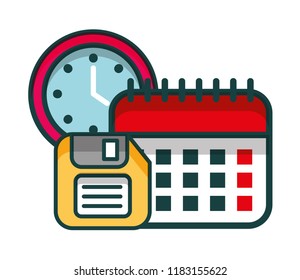 calendar with floppy and clock isolated icon