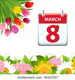 Calendar And Flower Border, Isolated On White Background, Vector Background