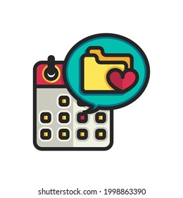 Calendario con iconos de carpetas y contornos llenos de corazón. Ilustración vectorial. Trazo editable. Icono aislado adecuado para web, infografías, interfaz y aplicaciones.