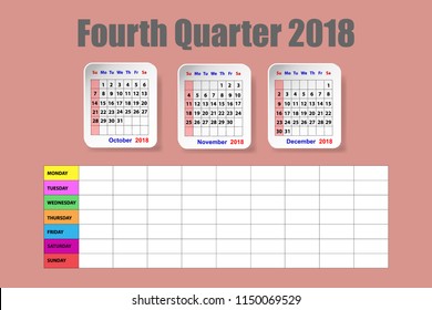 Calendar for the fourth quarter of 2018 year on the red ocher color background with weekly planner on the lower half of the vector