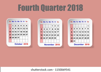 Calendar for fourth quarter of 2018 year on the red ocher color background