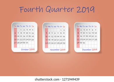 Calendar for fourth quarter of 2019 year. Week start Sunday. All on the ocher color background.