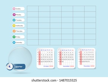 Calendar for fourth quarter of 2020 year with weekly planner chart and blank label for notes and main tasks. Week start Sunday.