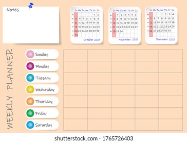 Kalender des vierten Quartals des Jahres 2021 mit wöchentlichen Planungstabelle und leerem Etikett für Notizen. Die Woche fängt Sonntag an.