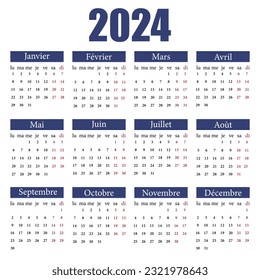 Calendar in French for 2024. The week starts from Monday. Vector illustration