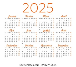 Calendar in French for 2025. The week starts on Monday