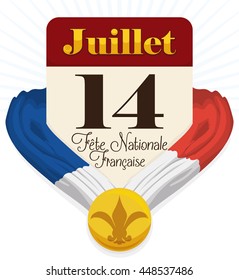 Calendar with French greeting text announcing National Day with flag and medal with flower-de-luce commemorating Bastille Day.