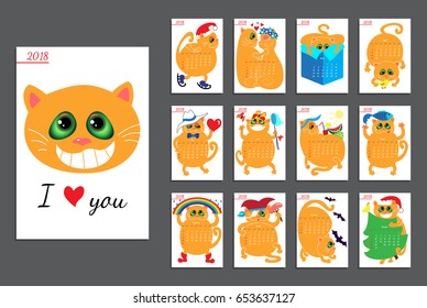 Calendar with funny cats for 2018 year. Vector design template. Set of 12 months. 