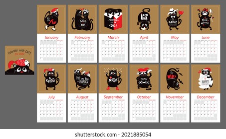 Calendar with funny cats for 2022 year. Vector design template with motivational quotes. Set of 12 months.	
