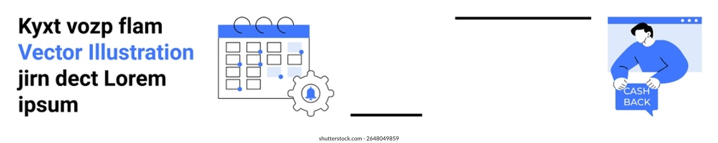 Calendar with gear icon representing automation, text elements, person holding laptop displaying cash back button. Ideal for scheduling, productivity, business automation, finance tech, online