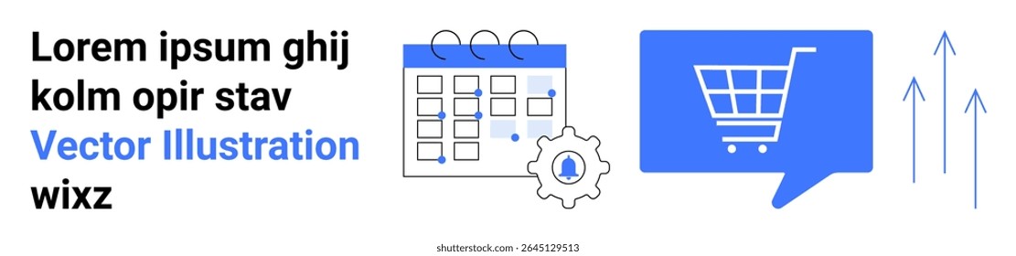 Calendário com ícone de engrenagem representa planejamento, balão de fala azul com carrinho de compras significa e-commerce e setas para cima indicam crescimento. Ideal para negócios, marketing, e-commerce e crescimento