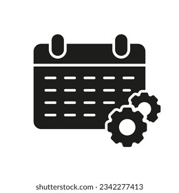 Calendar with Gear Silhouette Icon, Work Project Deadline Concept. Time Management Symbol. Schedule Glyph Pictogram. Job Appointment Solid Sign. Isolated Vector Illustration.