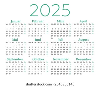 Calendário em alemão para 2025. Planejador do ano.