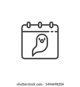 Calendar with ghost line icon. linear style sign for mobile concept and web design. Halloween calendar page outline vector icon. Symbol, logo illustration. Vector graphics