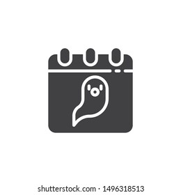 Calendar with ghost vector icon. filled flat sign for mobile concept and web design. Halloween calendar page glyph icon. Symbol, logo illustration. Vector graphics