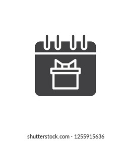 Calendar with gift box vector icon. filled flat sign for mobile concept and web design. Party day date simple solid icon. Symbol, logo illustration. Pixel perfect vector graphics