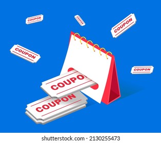 The calendar gives out coupons for events illustration set. Notebook, web, tickets, discount, Voucher. Vector drawing. Hand drawn style.