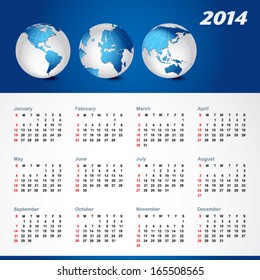 Calendar Global calendar. Vector illustration of Global map in America continent, Asia continent, Africa, Middle East and European continents view.