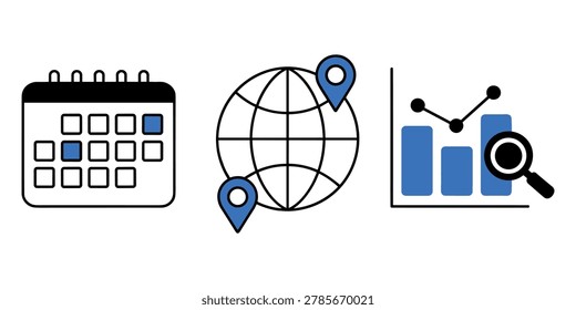 Calendar globe and graph with blue and black colors in white background